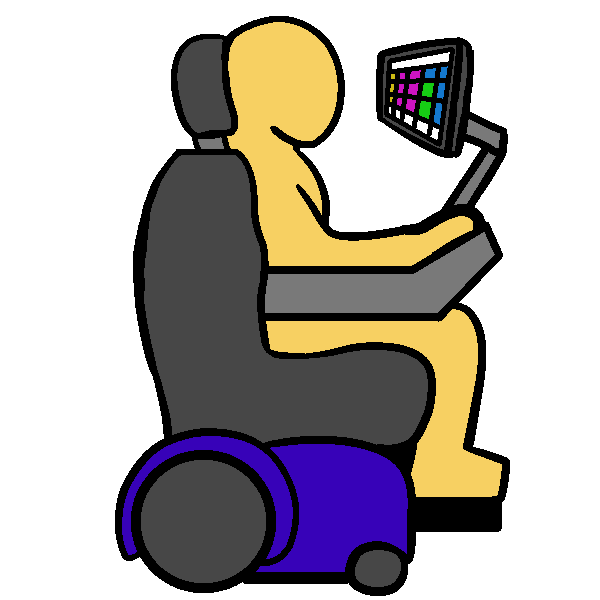 A yellow fat person with an orange posterior walker and a red AAC device on a shoulder strap walking